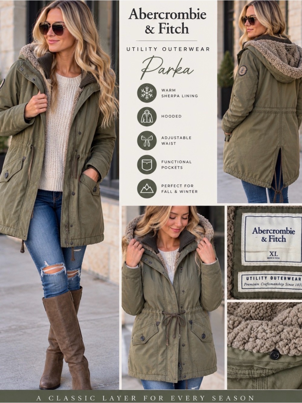 Abercrombie & Fitch Women’s XL Olive Green Sherpa Lined Utility Parka Hooded Coa